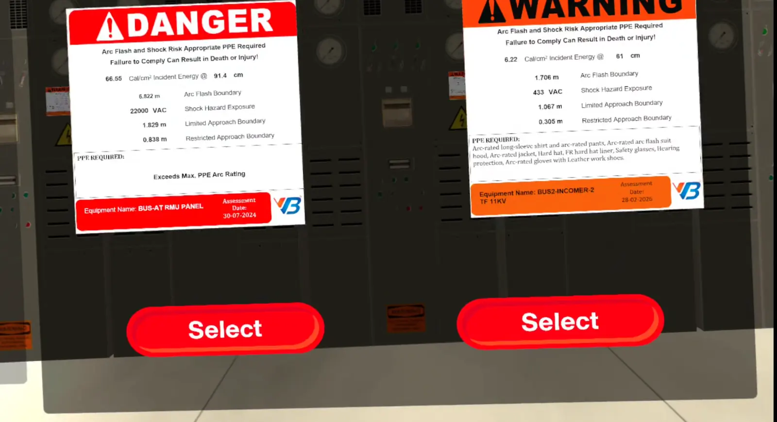 Two arc flash labels in the simulator showing different incident energy and boundary values