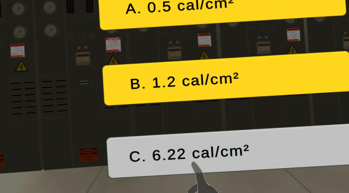 Simulator assessment question on incident energy with three cal/cm² answer options