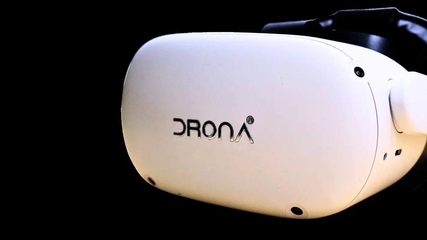 Drona VR headset in side profile on a black background