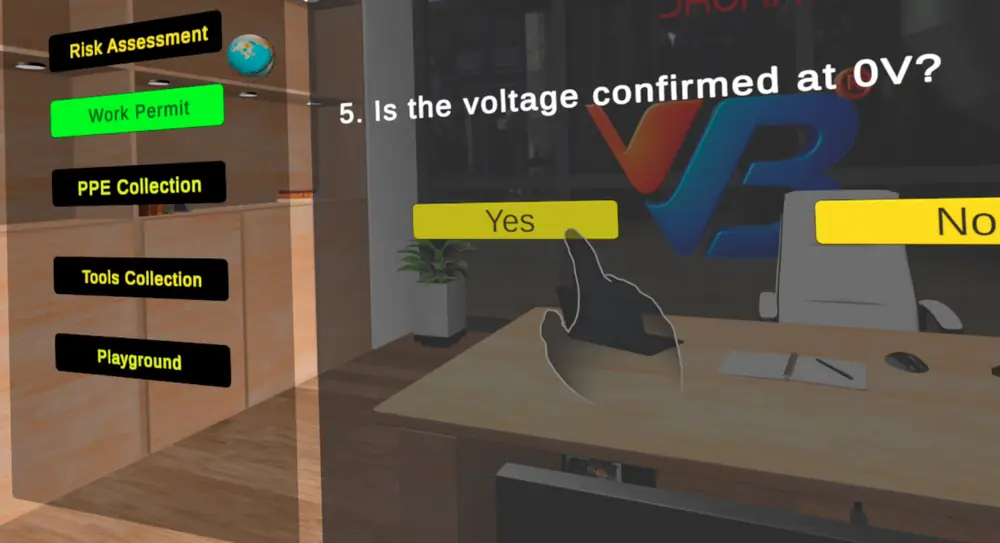 Simulator work permit step asking whether the voltage is confirmed at 0 V, with Yes and No buttons