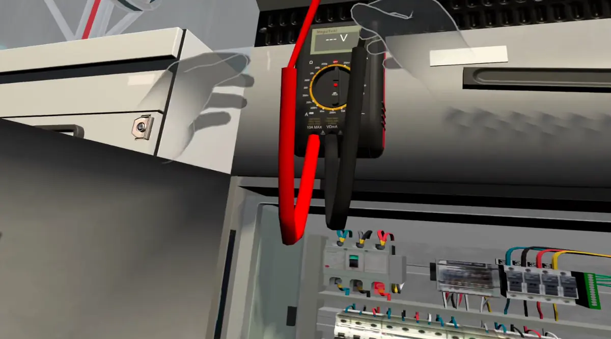 Simulator view of a multimeter testing breakers inside an open panel