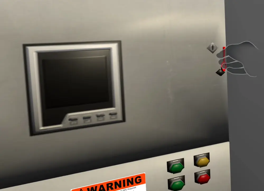 Simulated switchgear cubicle door with HMI display, indicator lamps and an orange arc flash warning label