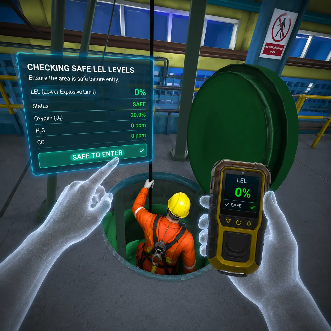 Operator practising confined-space entry attendant drill in Drona VR