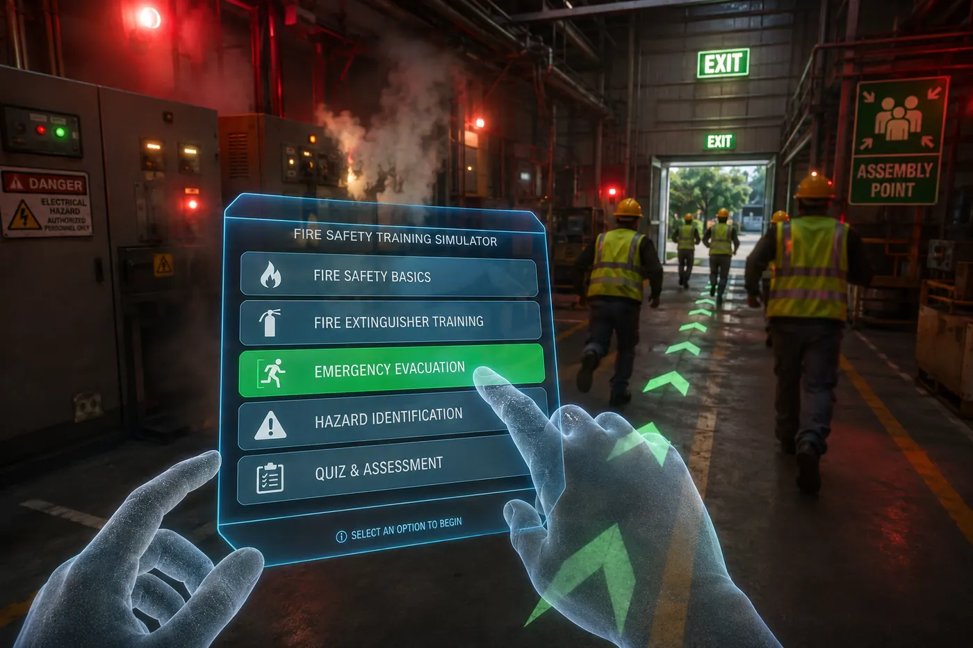 Operator practising fire-safety hazard recognition in Drona VR