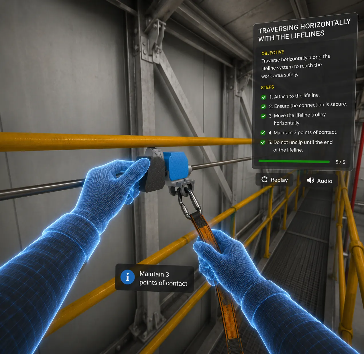 Operator practising work-at-height harness and anchor checks in Drona VR